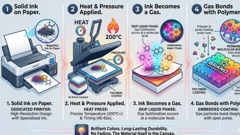 A simple infographic showing the dye sublimation process: solid ink on paper -> heat press applies heat -> ink becomes a gas -> gas bonds with polymer coating.