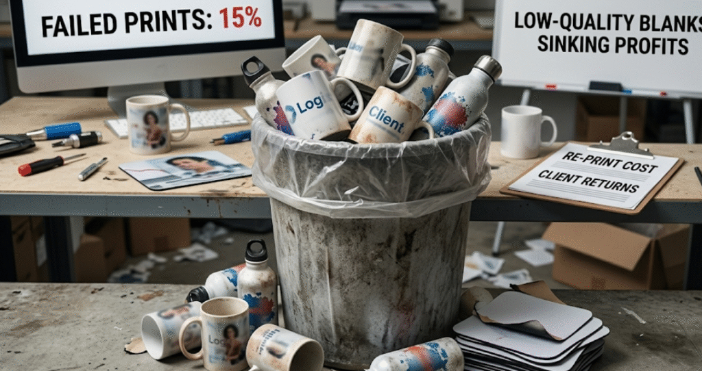 An image of a trash can full of failed sublimation mugs and tumblers with splotchy, faded prints.