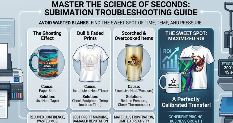 A detailed troubleshooting chart showing common sublimation problems like ghosting, fading, and scorching with their causes and solutions.