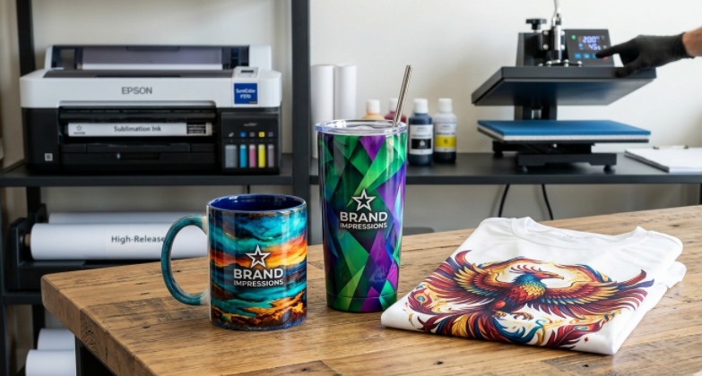 A stunningly vibrant sublimated mug and tumbler sitting next to a custom t-shirt, all showing deep, rich colors.